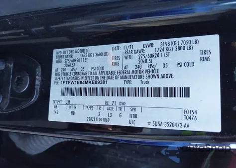 2021 Ford F-150 Lariat из США, поврежденный, VIN 1FTFW1E84MKE89381